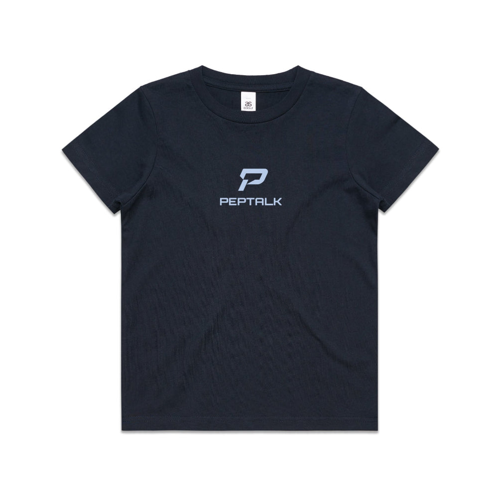 Navy kid's shirt with PepTalk portrait logo at the centre