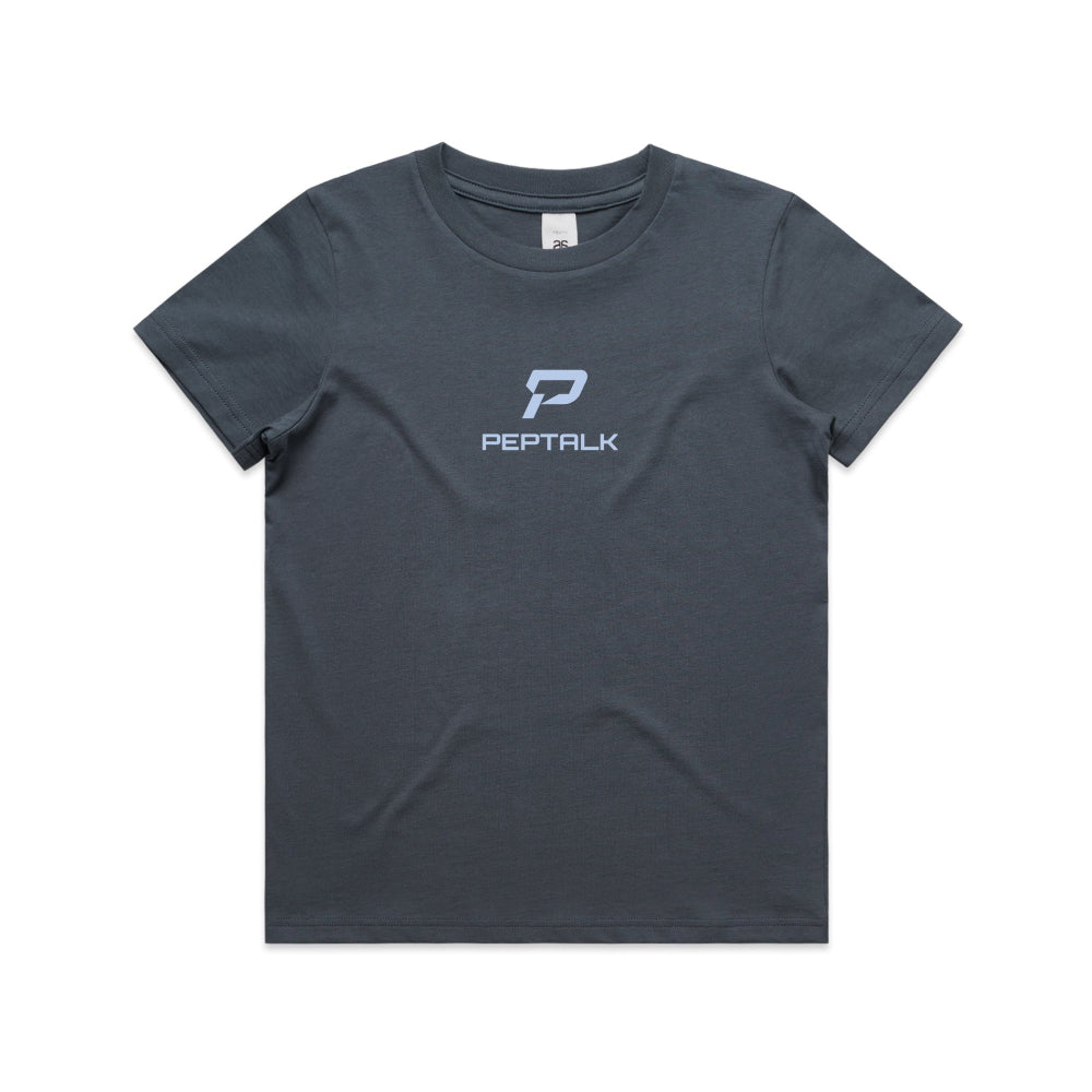 Petrol blue kid's shirt with PepTalk portrait logo at the centre