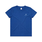 Bright royal blue kid's shirt with blue portrait PepTalk logo on white background