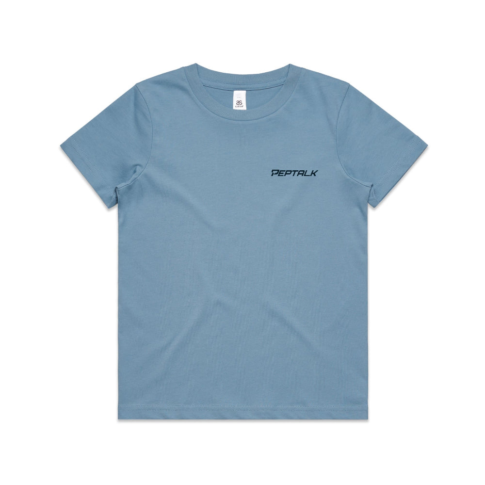 Carolina blue kid's shirt with navy PepTalk logo on white background