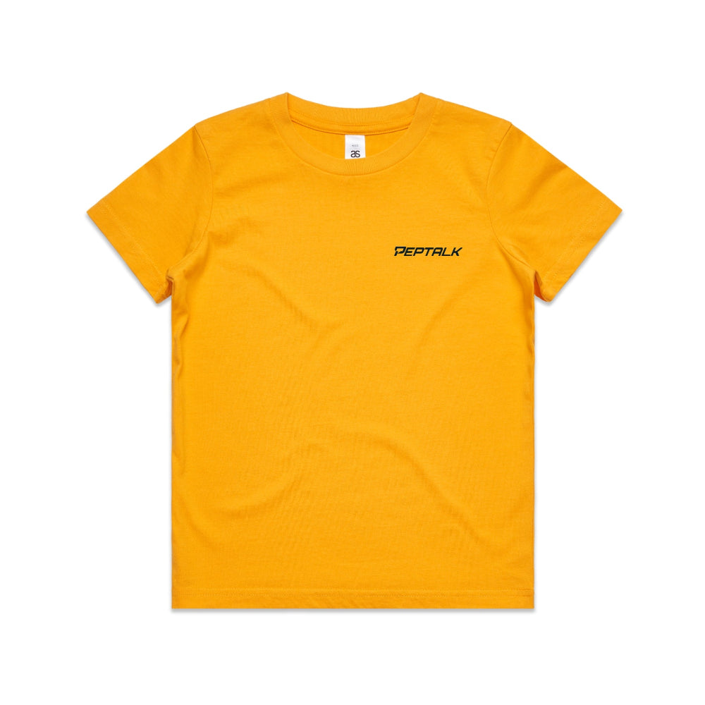 Golden yellow kid's shirt with navy PepTalk logo on white background