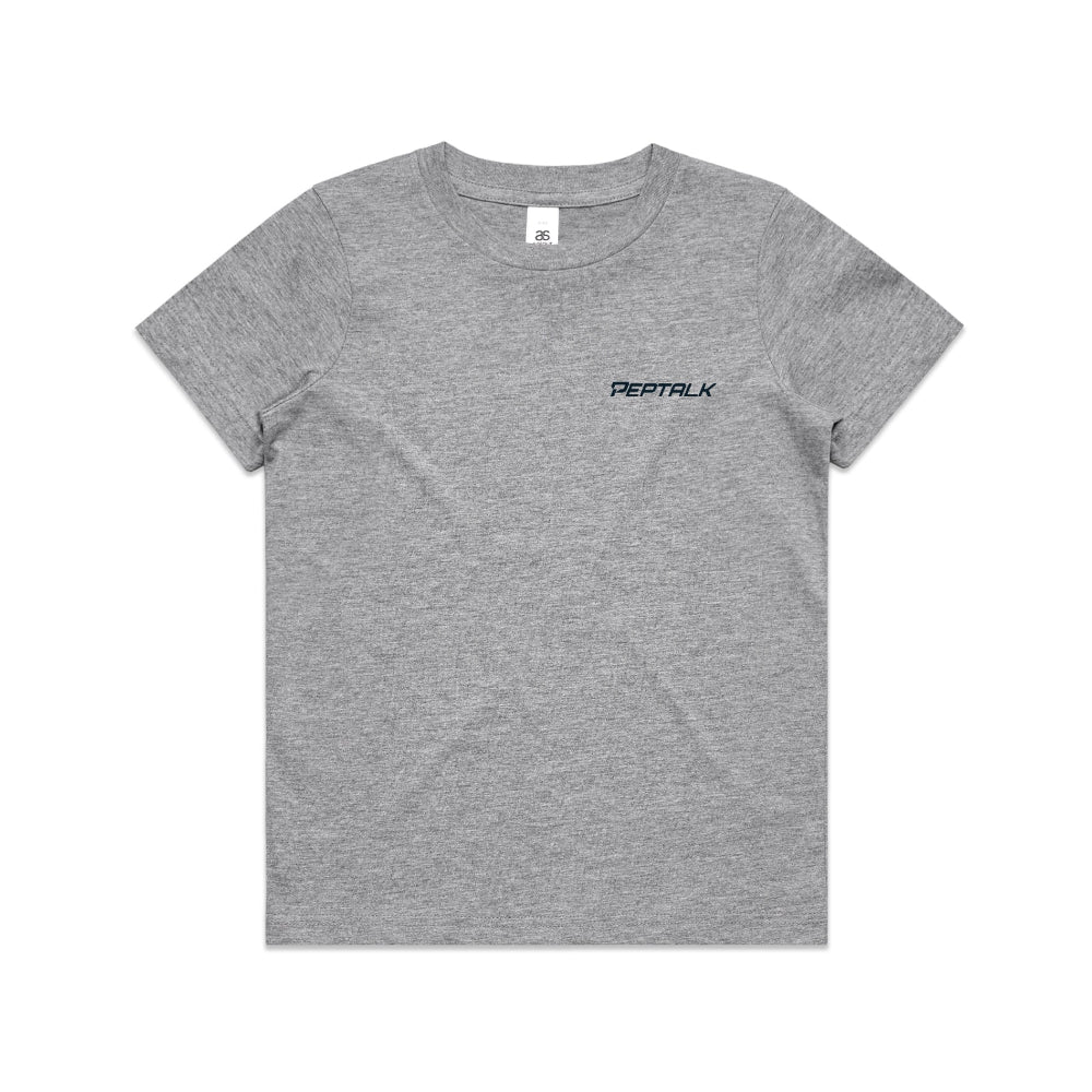Grey kid's shirt with navy PepTalk logo on white background