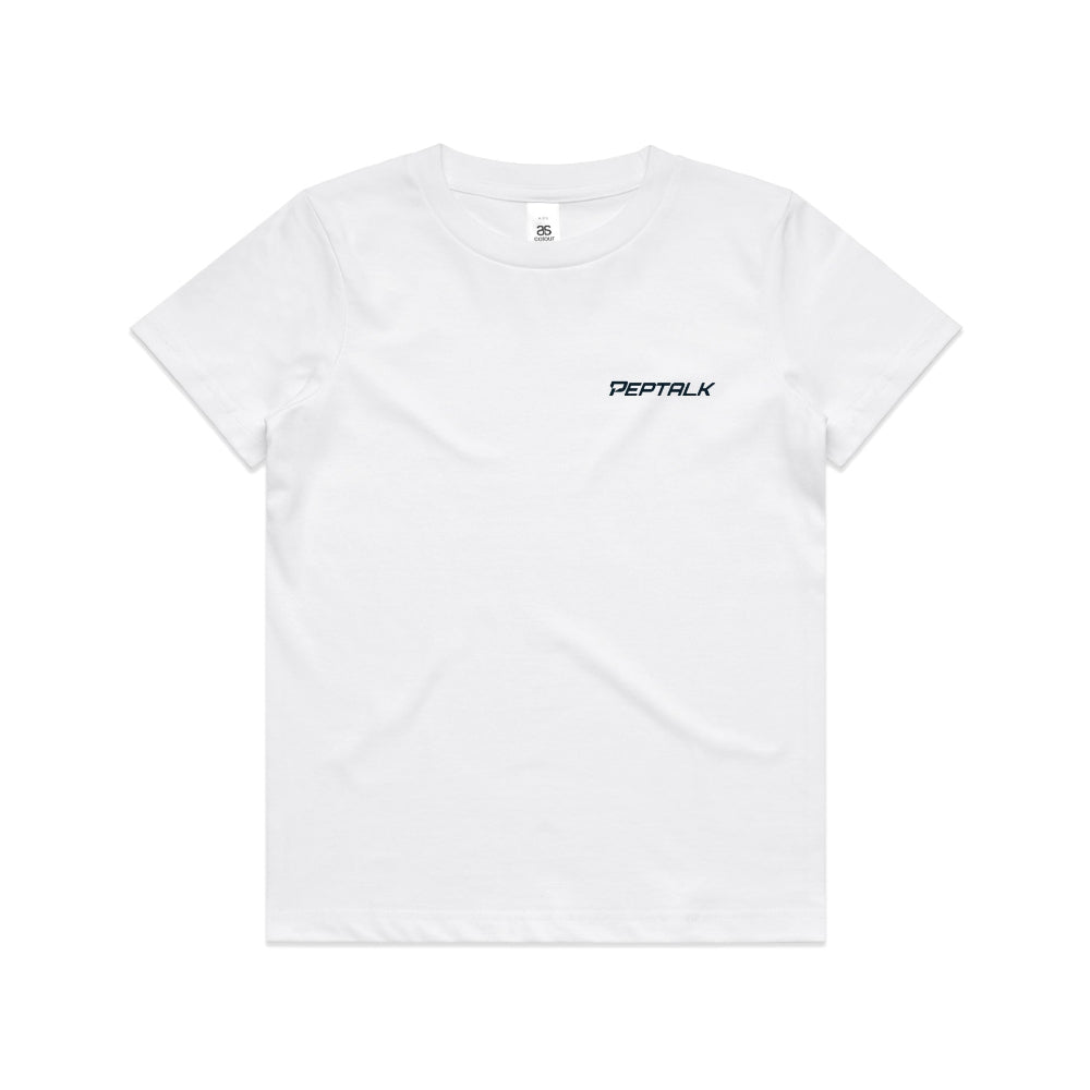 White kid's shirt with navy PepTalk logo on white background