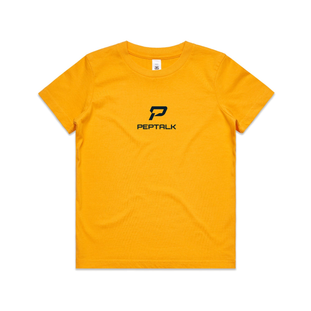 Gold colour kid's shirt with PepTalk portrait logo at the centre