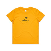 Gold colour kid's shirt with PepTalk portrait logo at the centre