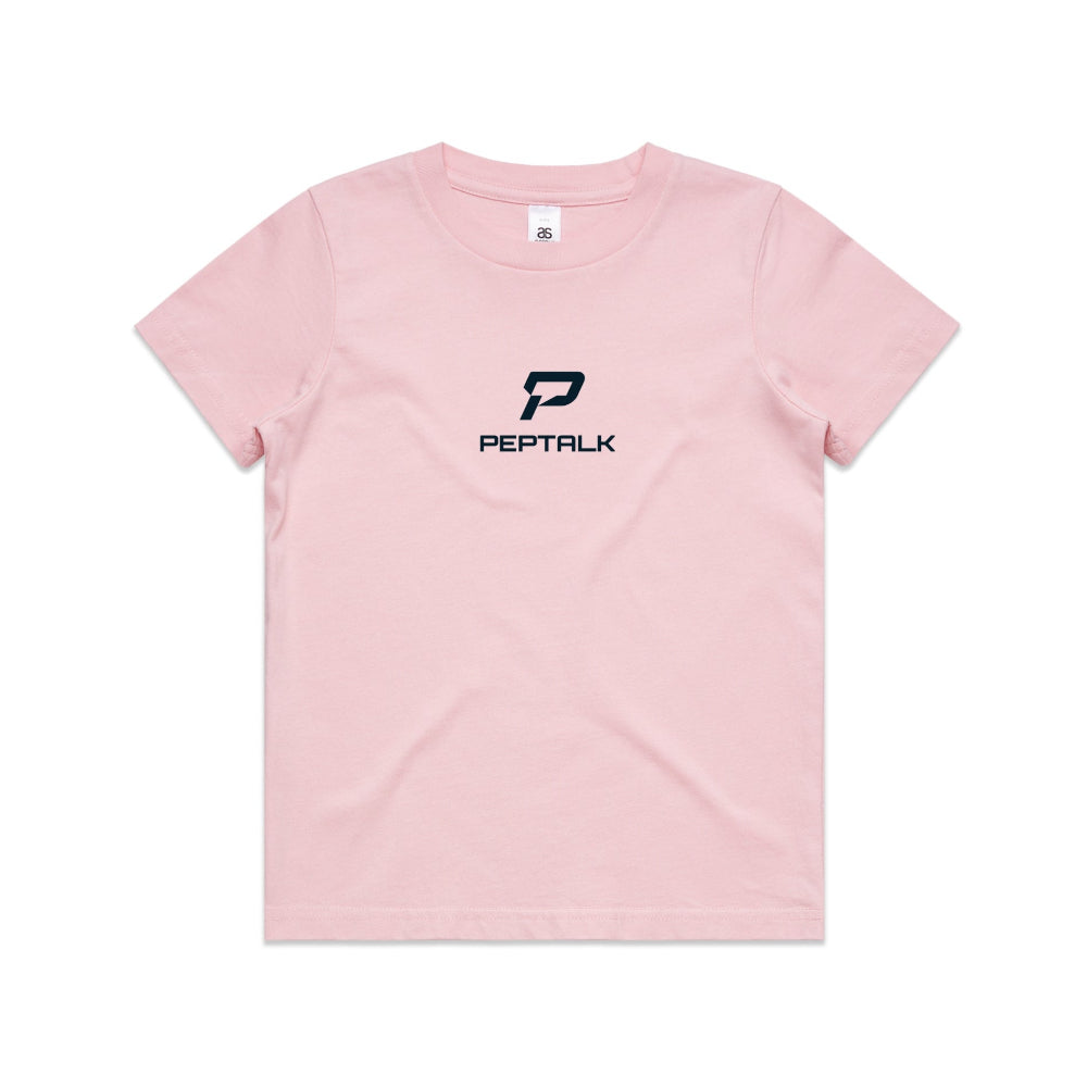 Pink kid's shirt with PepTalk portrait logo at the centre