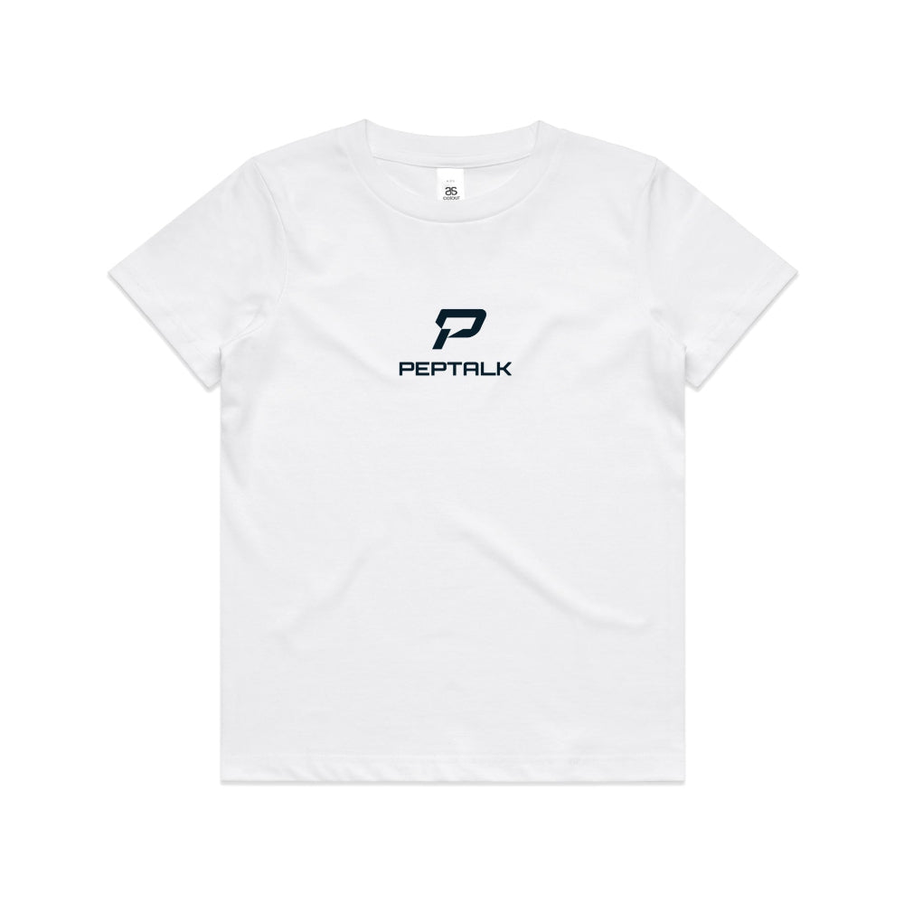 White kid's shirt with PepTalk portrait logo at the centre