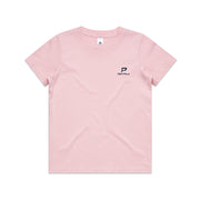 Pink kid's shirt with navy portrait PepTalk logo on white background