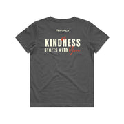 Charcoal kid's shirt with Peptalk logo and "Kindness Starts with You" design at the back