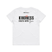 White kid's shirt with Peptalk logo and "Kindness Starts with You" design at the back