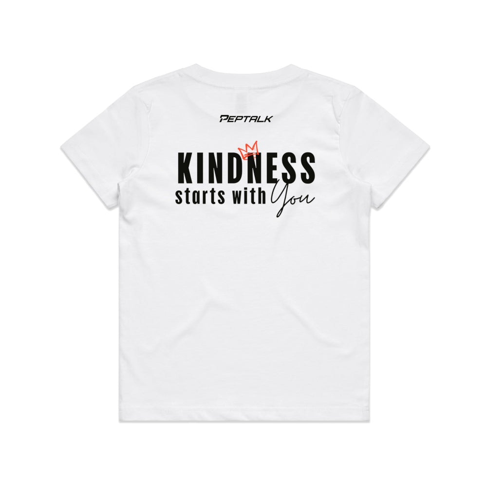 White kid's shirt with Peptalk logo and "Kindness Starts with You" design at the back