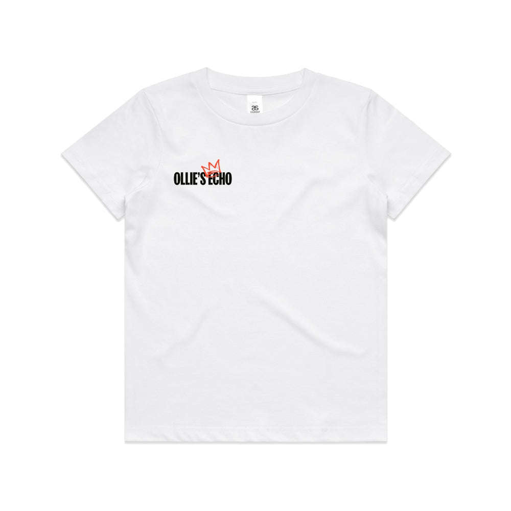 White kid's shirt with Ollie's Echo logo at the front