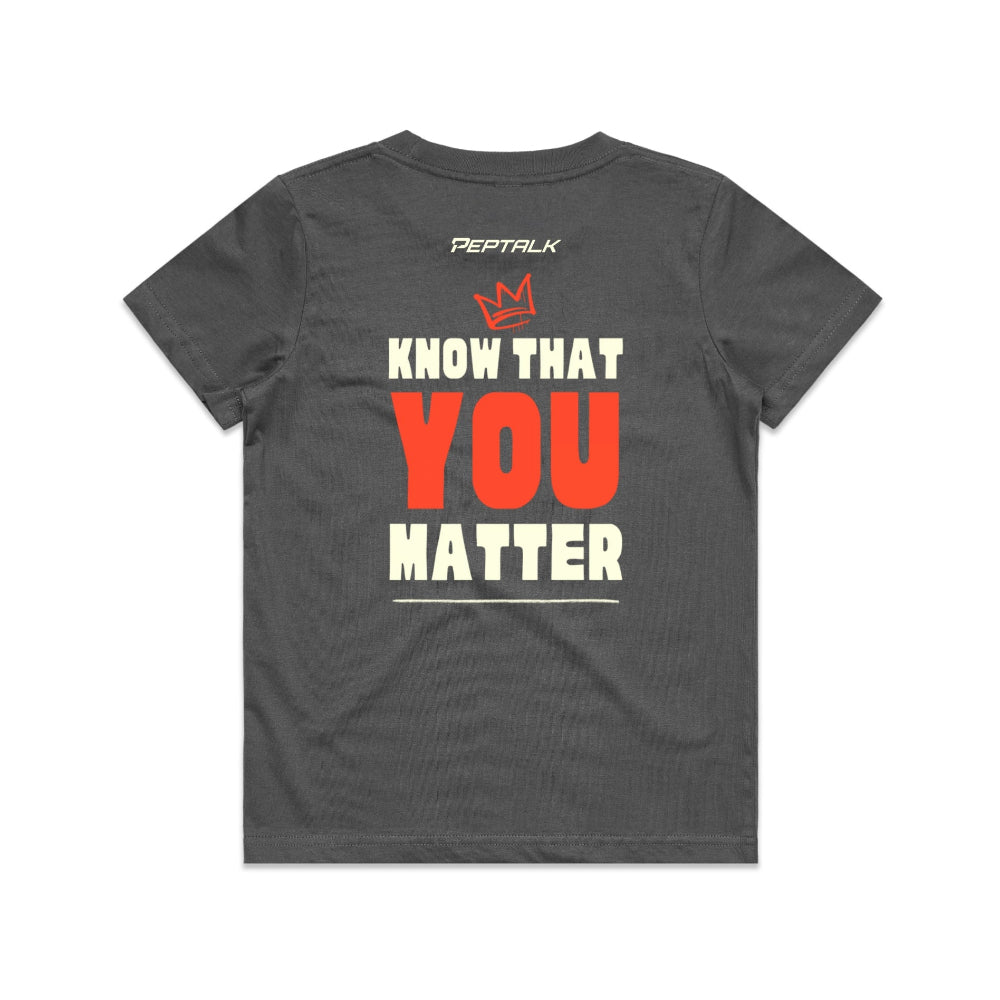 Charcoal kid's shirt with Peptalk logo and "Know That You Matter" design at the back