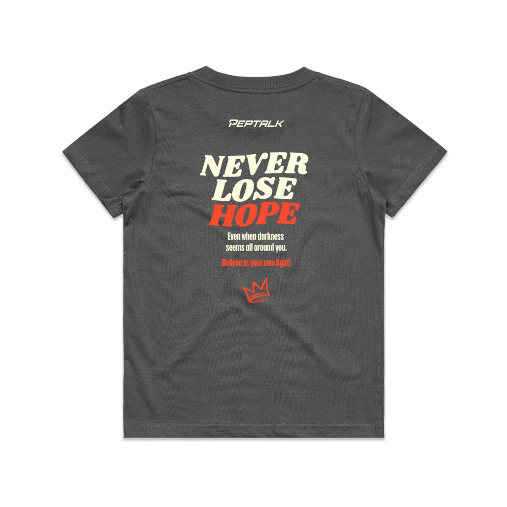 Charcoal kid's shirt with Peptalk logo and "Never Lose Hope" design at the back
