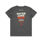 Charcoal kid's shirt with Peptalk logo and "Never Lose Hope" design at the back