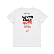 White kid's shirt with Peptalk logo and "Never Lose Hope" design at the back