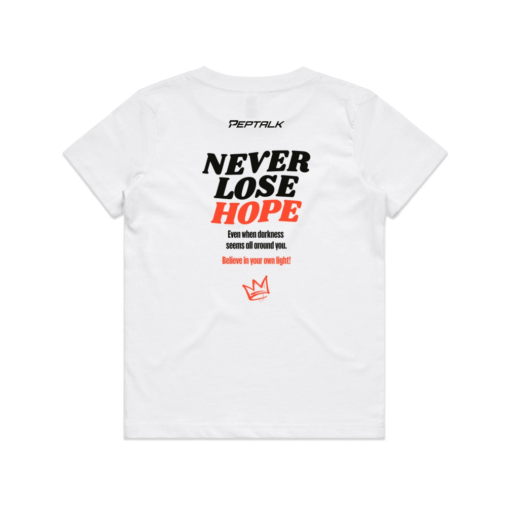 White kid's shirt with Peptalk logo and "Never Lose Hope" design at the back