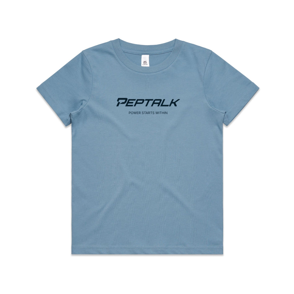 Carolina blue kid's shirt with PepTalk logo and "Power Starts Within" design on white background