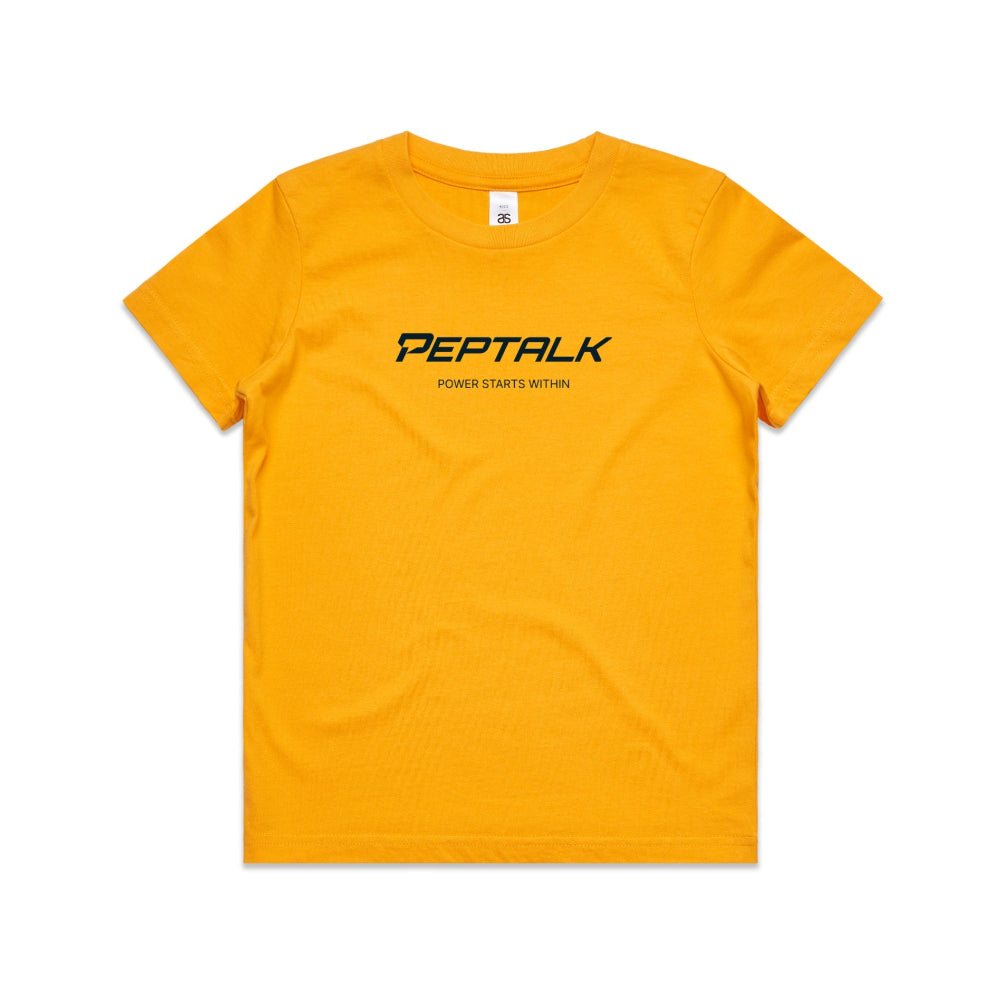 Golden yellow kid's shirt with PepTalk logo and "Power Starts Within" design on white background