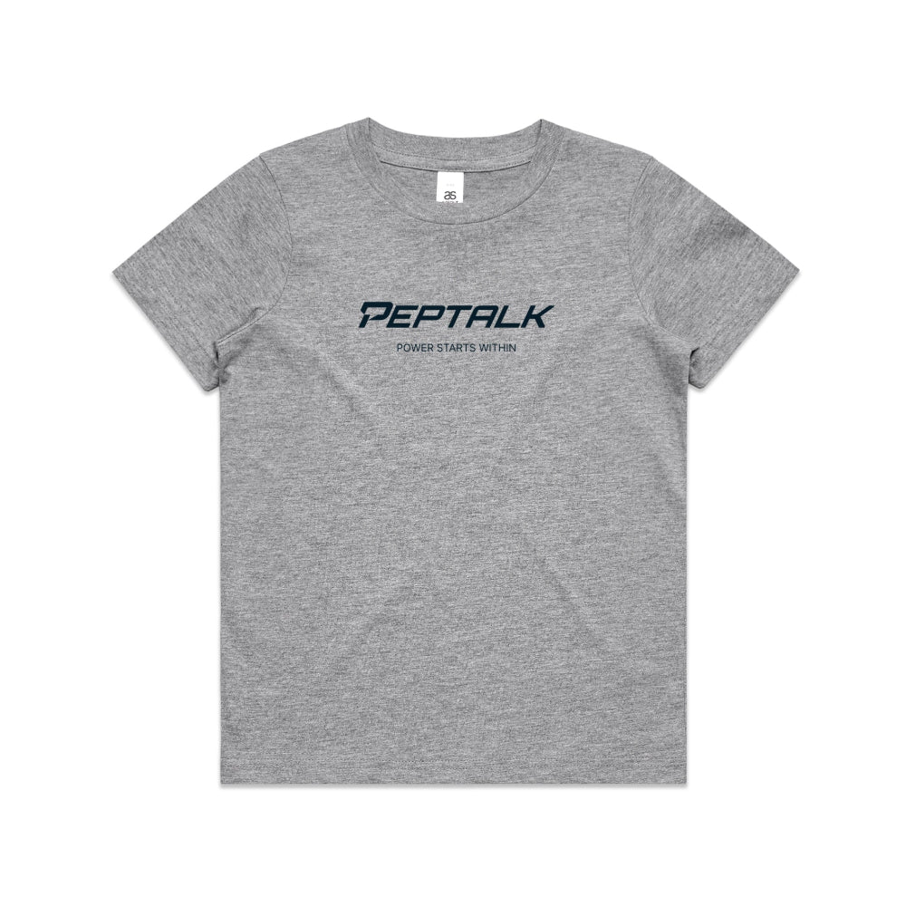 Grey kid's shirt with PepTalk logo and "Power Starts Within" design on white background