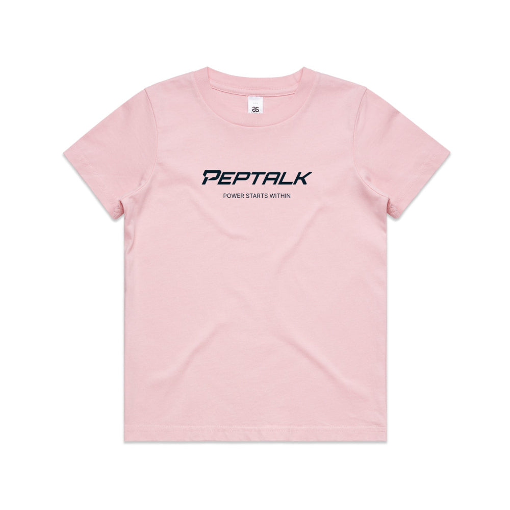 Pink kid's shirt with PepTalk logo and "Power Starts Within" design on white background