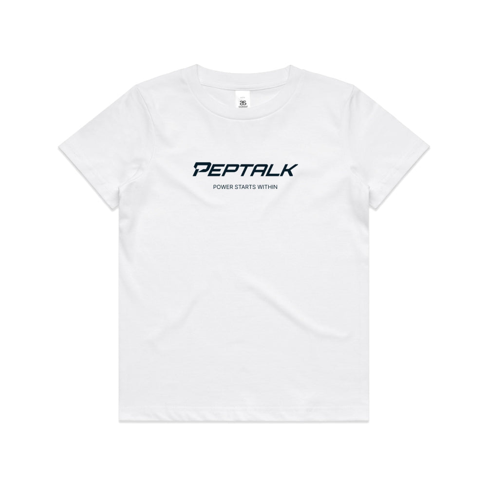White kid's shirt with PepTalk logo and "Power Starts Within" design on white background