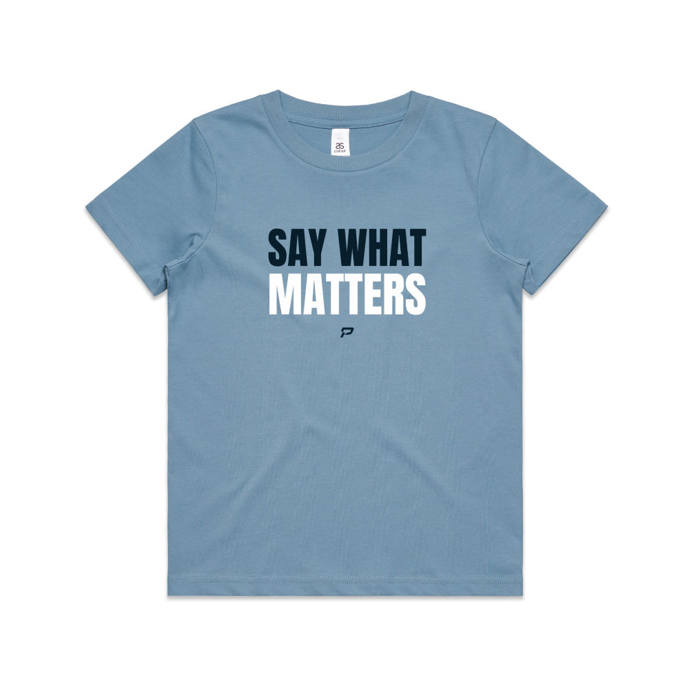 Carolina blue kid's shirt with "Say What Matters" design on white background