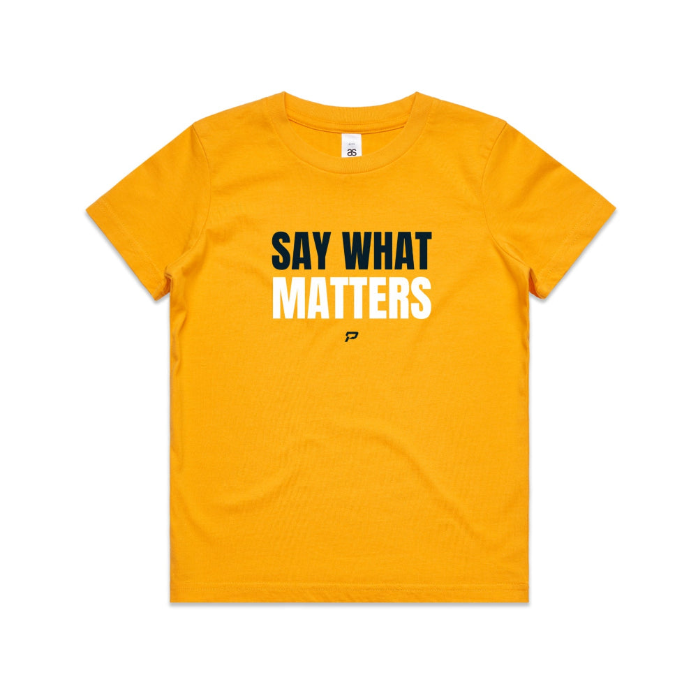 Golden yellow kid's shirt with "Say What Matters" design on white background