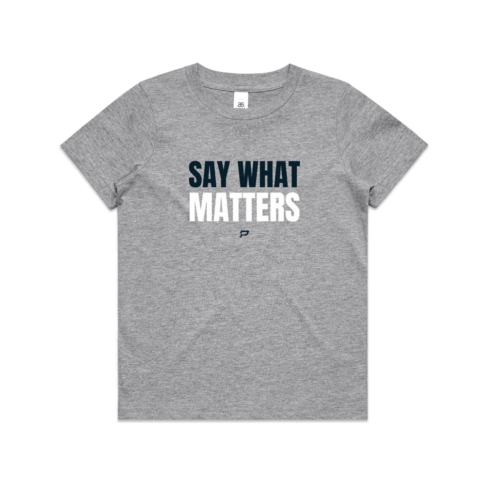 Grey kid's shirt with "Say What Matters" design on white background