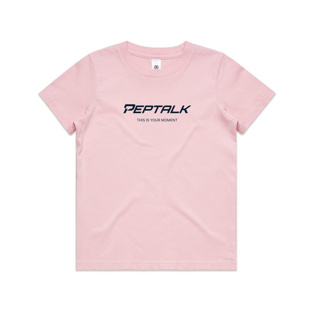 Pink kid's shirt with PepTalk logo and "This Is Your Moment" design on white background