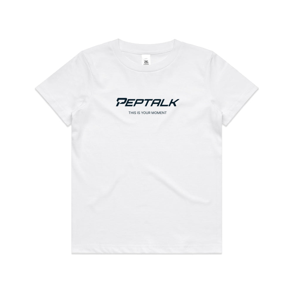 White kid's shirt with PepTalk logo and "This Is Your Moment" design on white background