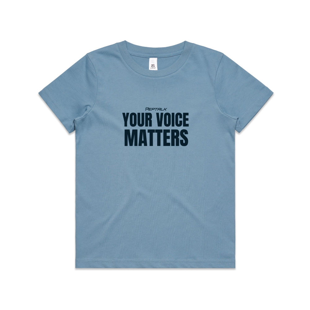 Carolina blue kid's shirt with "Your Voice Matters" design on white background