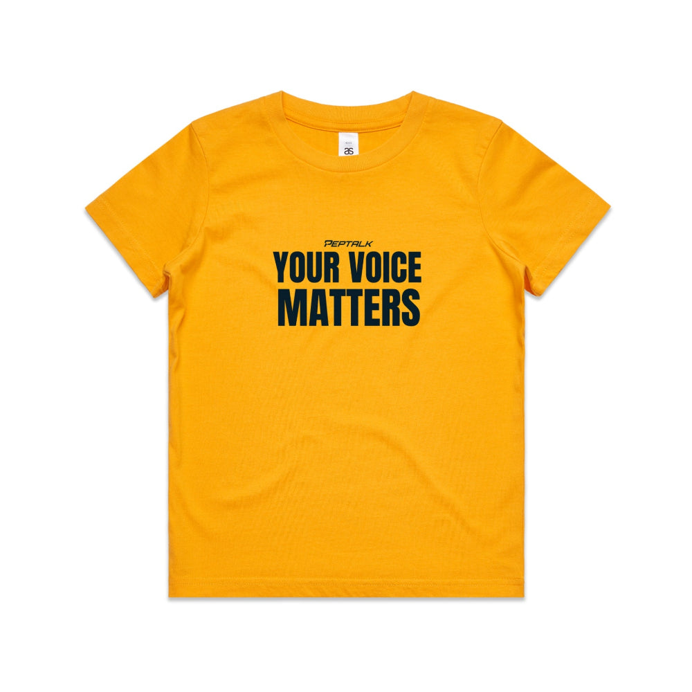 Golden yellow kid's shirt with "Your Voice Matters" design on white background