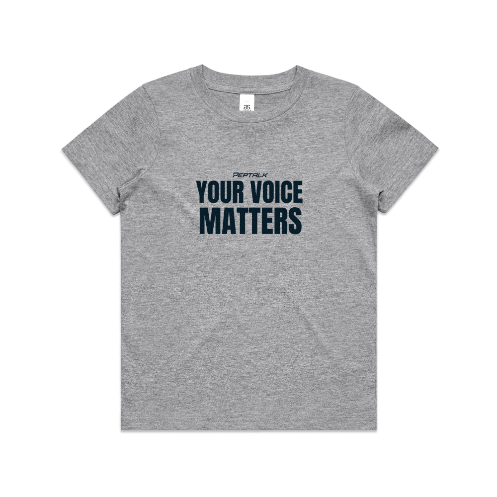 Grey kid's shirt with "Your Voice Matters" design on white background