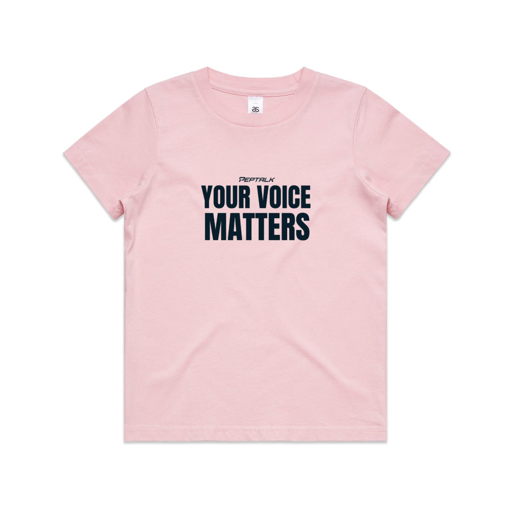 Pink kid's shirt with "Your Voice Matters" design on white background