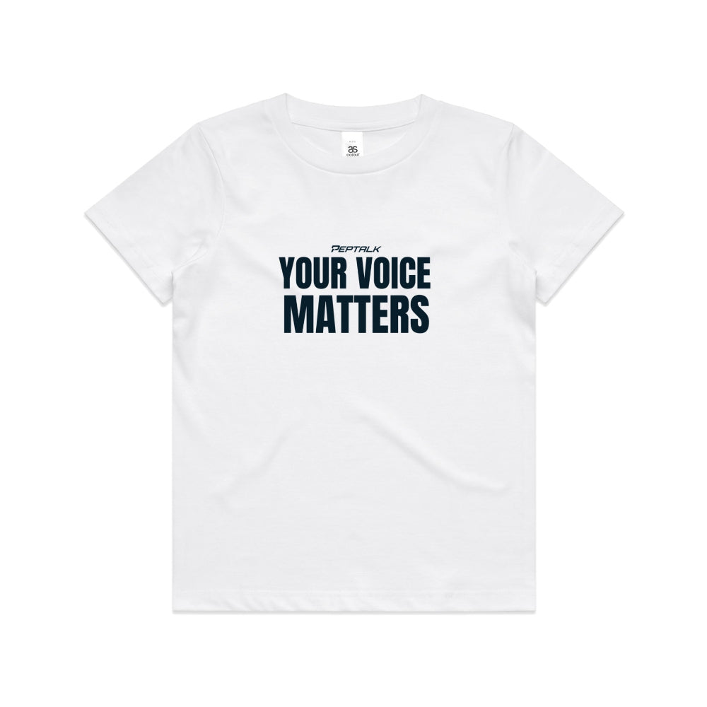 White kid's shirt with "Your Voice Matters" design on white background